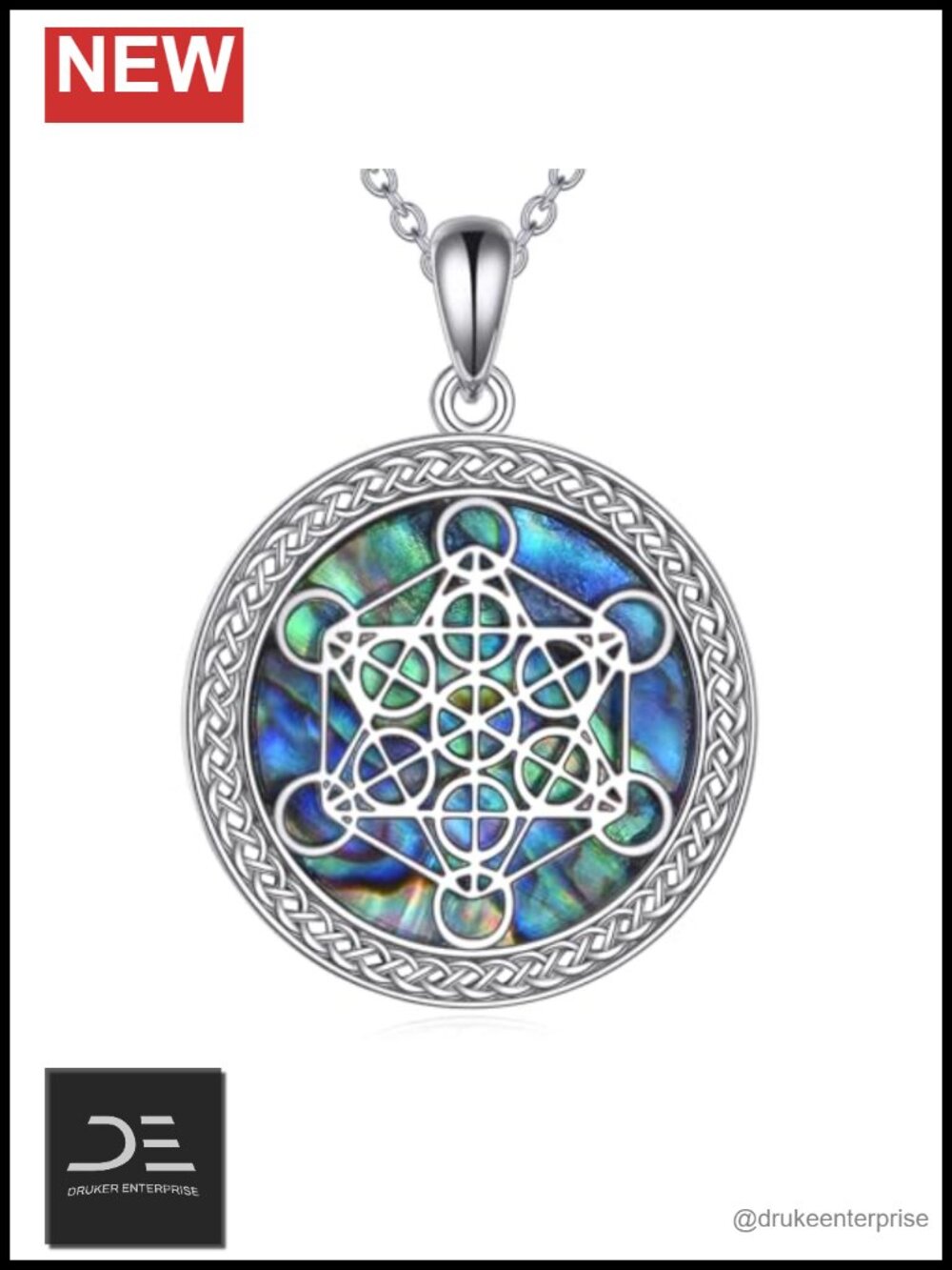 925 Sterling Silver Metatron Cube Abalone Shell Pendant Necklace Spiritual